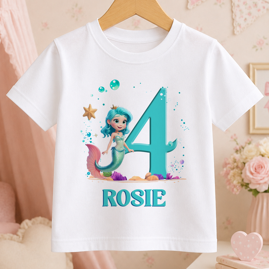 A white t-shirt with a mermaid character and the number 4 printed on it, along with the name "ROSIE".