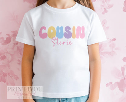 Personalised cousin jumper in soft white cotton with custom name print