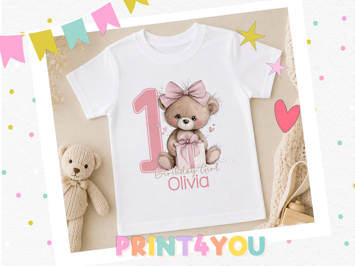 Personalised pink teddy bear first birthday t-shirt with decorative birthday balloon details.