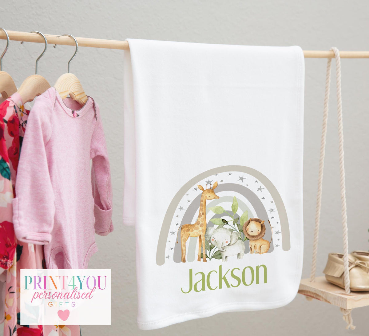 Personalised rainbow safari baby blanket in soft cotton with custom name