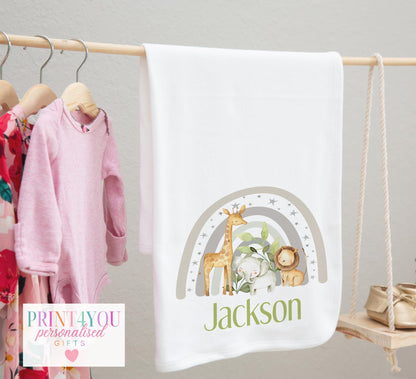 Personalised rainbow safari baby blanket in soft cotton with custom name