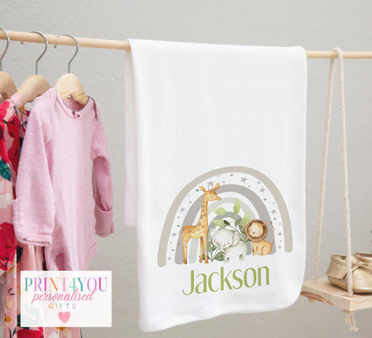 Personalised rainbow safari baby blanket in soft cotton with custom name