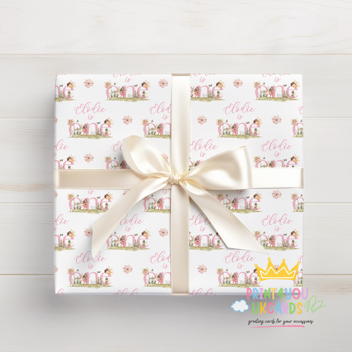 Close-up detail of the fairy wrapping paper pattern showing pink florals