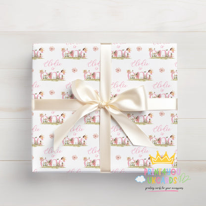 Close-up detail of the fairy wrapping paper pattern showing pink florals