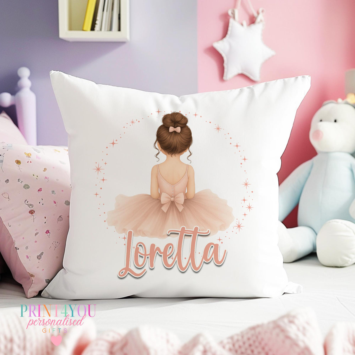 Personalised ballerina cushion in blush pastel with a custom name, shown as the cushion cover only