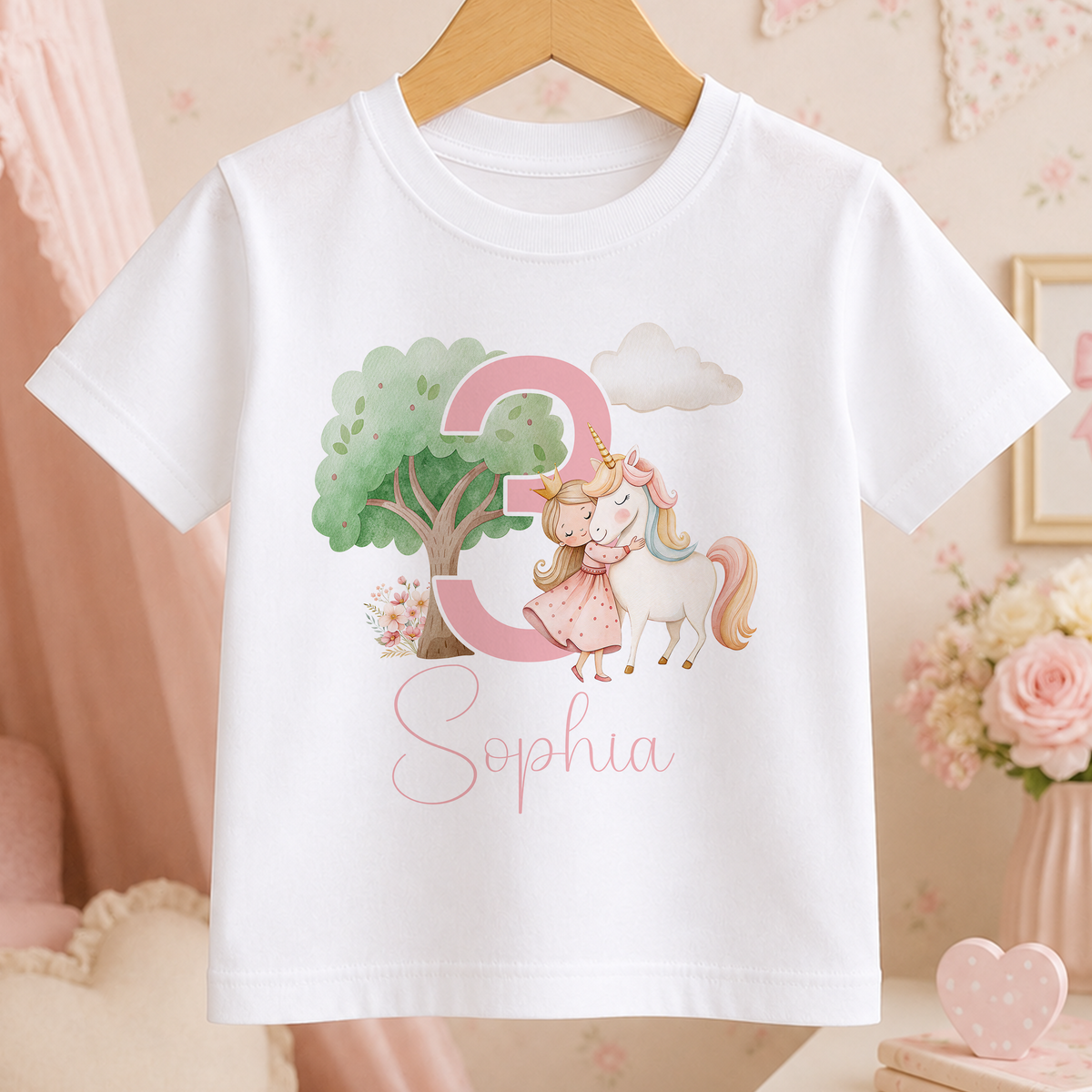 A white t-shirt with a pink unicorn and the number 3 printed on it, along with the name "Sophia" written below.
