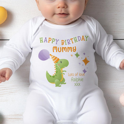 Personalised party dinosaur 'Happy Birthday' bib with custom relation and name