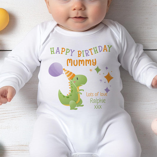 Personalised Happy Birthday Mummy or Daddy bib with party dinosaur design and custom name