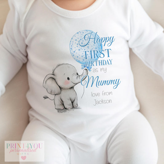 Personalised bib with starry elephant design printed 'Happy First Birthday as my Mummy' and custom name