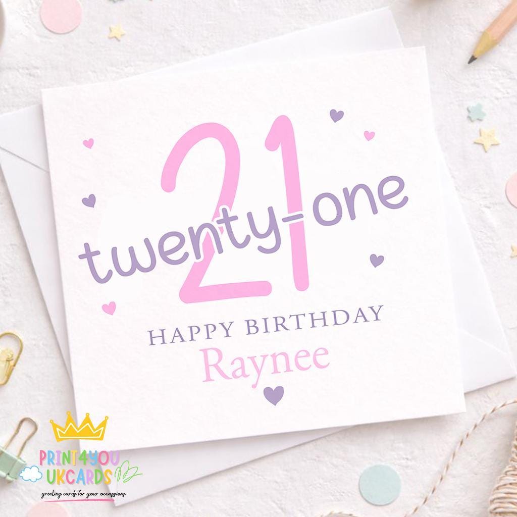 Square pink and purple 21st birthday greeting card personalised with a name