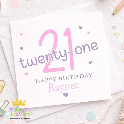 Square pink and purple 21st birthday greeting card personalised with a name
