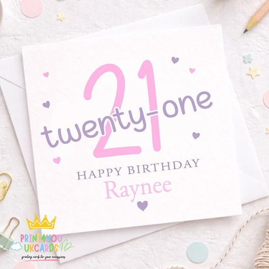 Square pink and purple 21st birthday greeting card personalised with a name