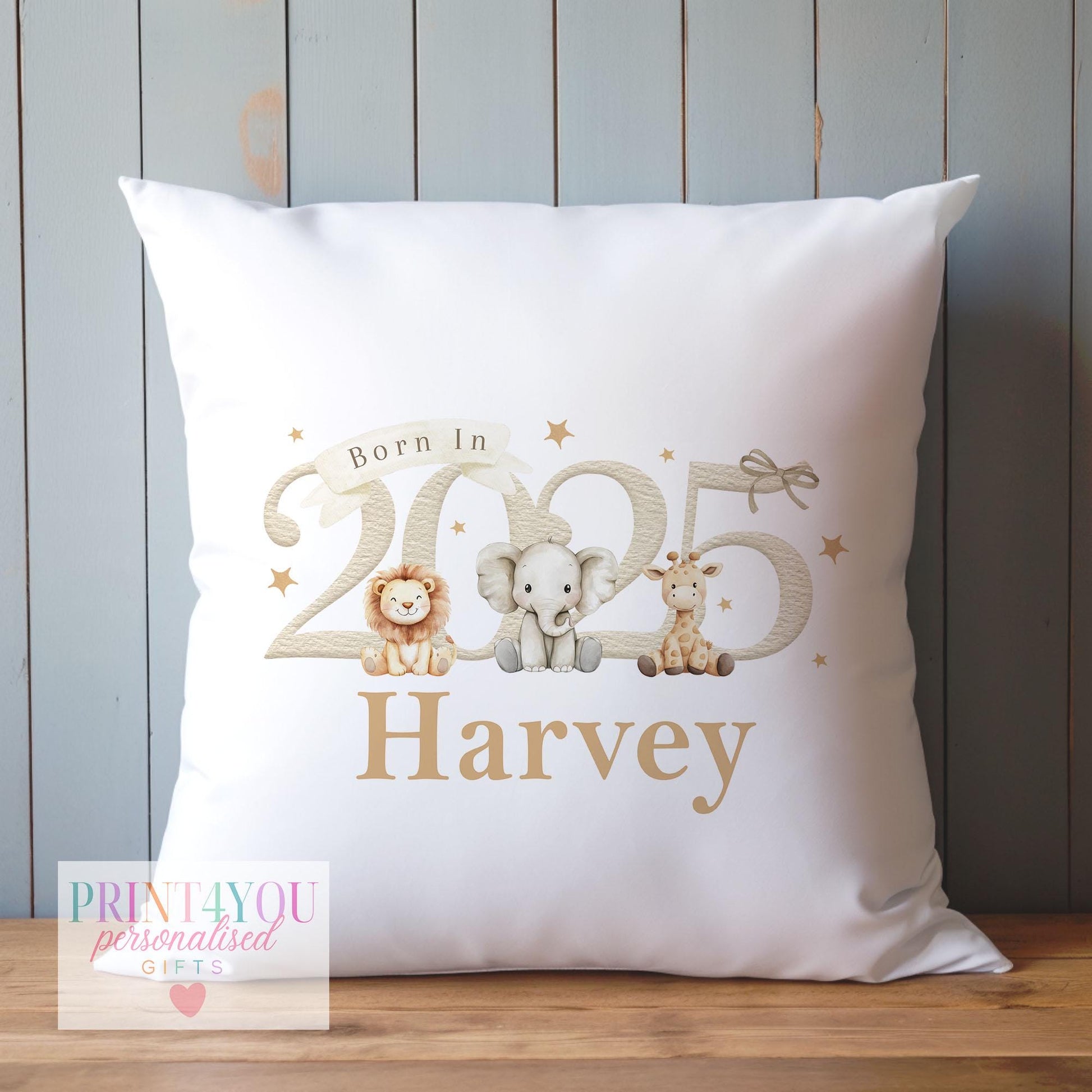Soft white 'Born in 2025' safari-print nursery cushion cover, personalised with baby's name, sold as cover only