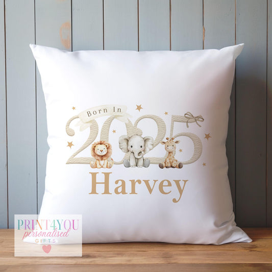 Soft white 'Born in 2025' safari-print nursery cushion cover, personalised with baby's name, sold as cover only