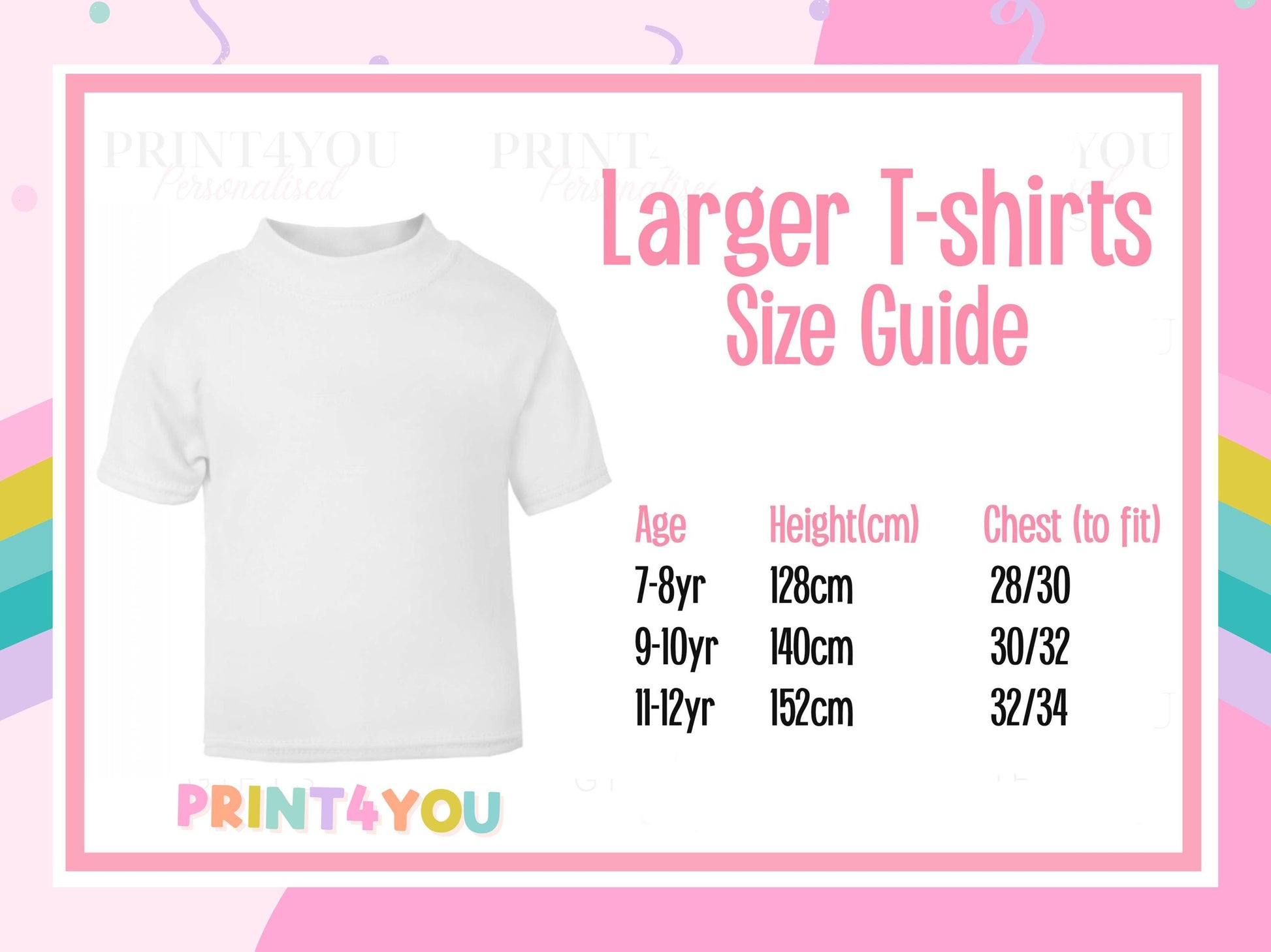 The image is a size guide for larger t-shirts, providing measurements for different age groups.