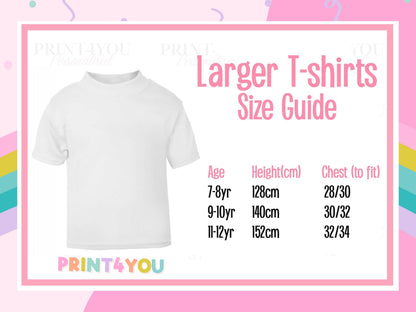The image is a size guide for larger t-shirts, providing measurements for different age groups.