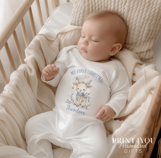 Personalised baby reindeer Christmas outfit flat lay, full set with custom name print