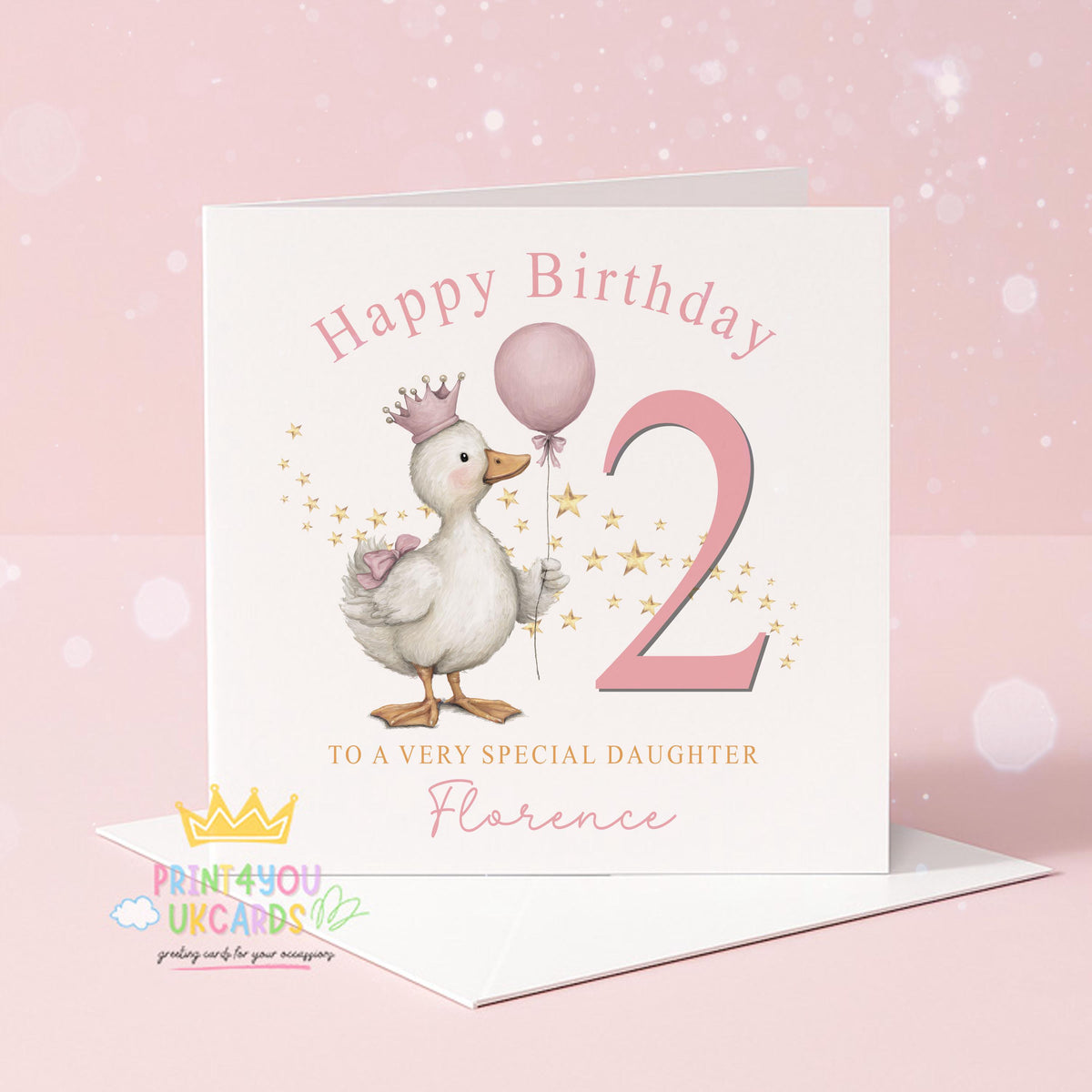 Personalised children's birthday card with an illustrated duck holding a balloon, printed with a custom name and age.