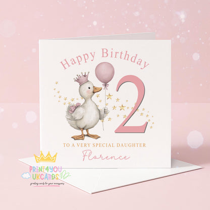 Personalised children's birthday card with an illustrated duck holding a balloon, printed with a custom name and age.