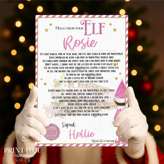 Personalised Elf Arrival Letter – Pink A4 Gloss Christmas elf Note Card