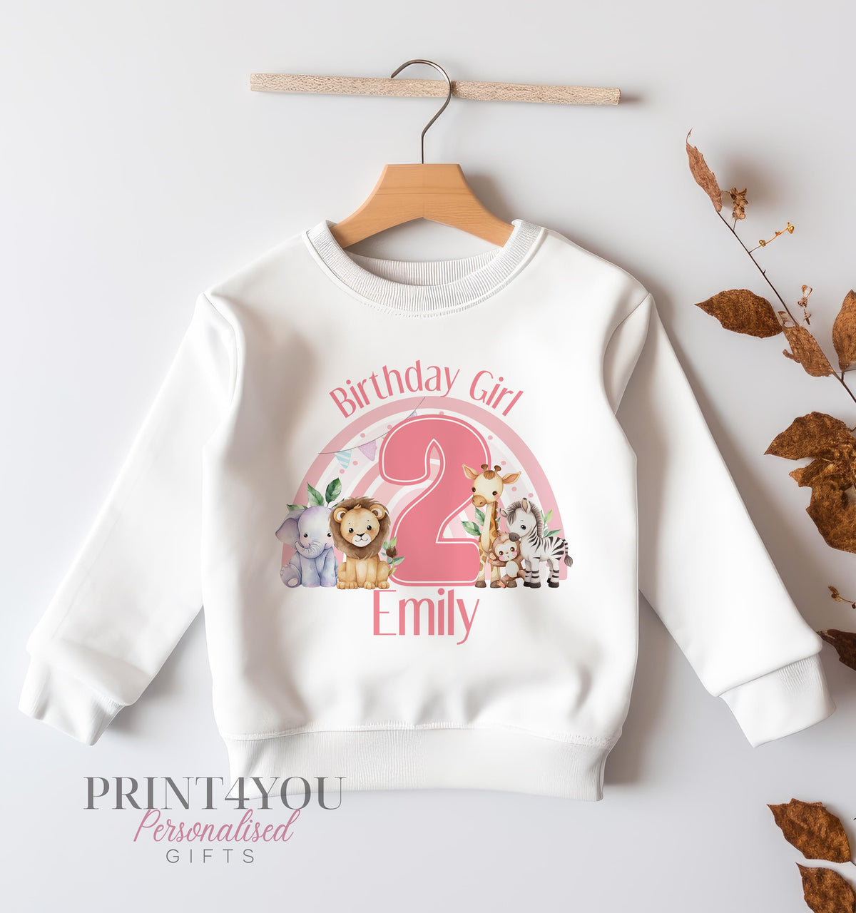 Personalised jungle safari rainbow birthday sweatshirt with pink number, any age, 6-12 months – Print4You Personalised Gifts