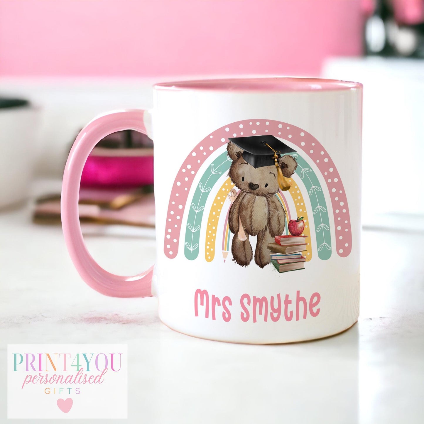 Personalised Teacher Mug – Ceramic Coffee Mug – End Of Term Gift, Pink Handle