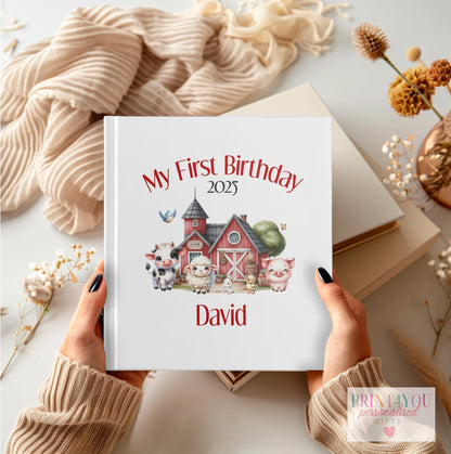 Personalised first birthday photo album with farm animal design, 22x22cm PU cover, holds 76 photos