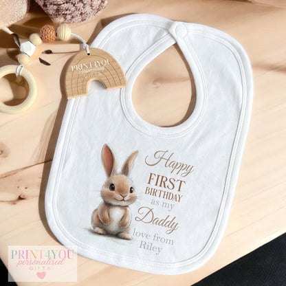 Personalised baby vest featuring the watercolour Daddy Bunny first birthday design and 'love from' message.