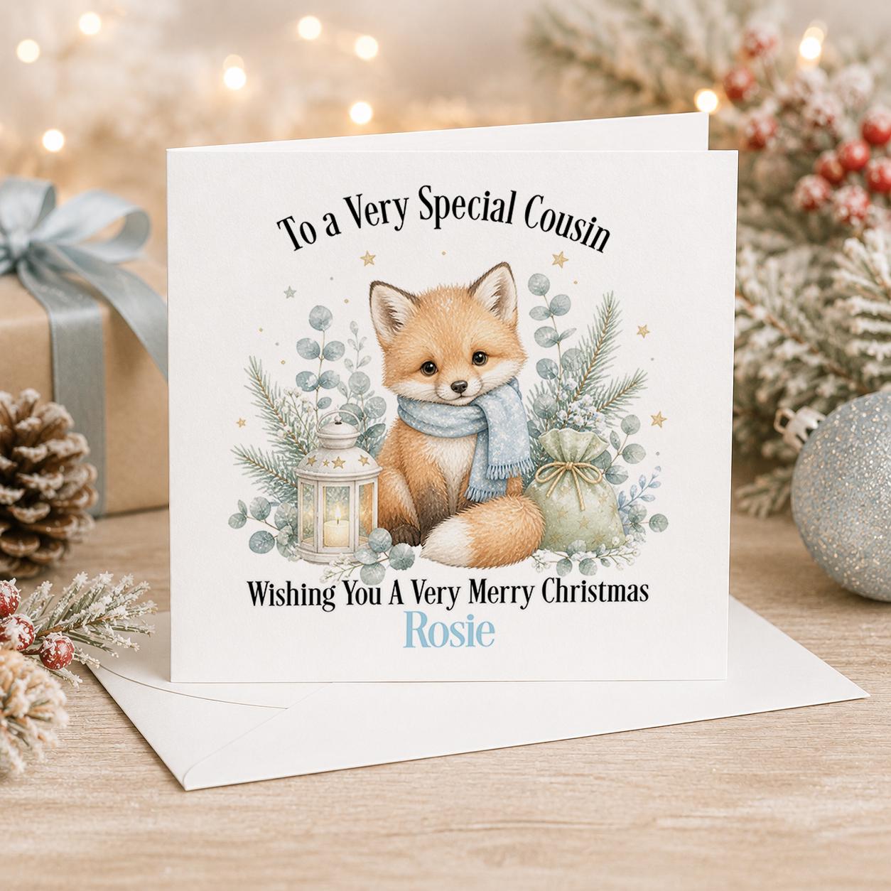 Personalised fox Christmas card, white 6x6 inch square card printed with a fox in a cream scarf beside hanging stockings with a name