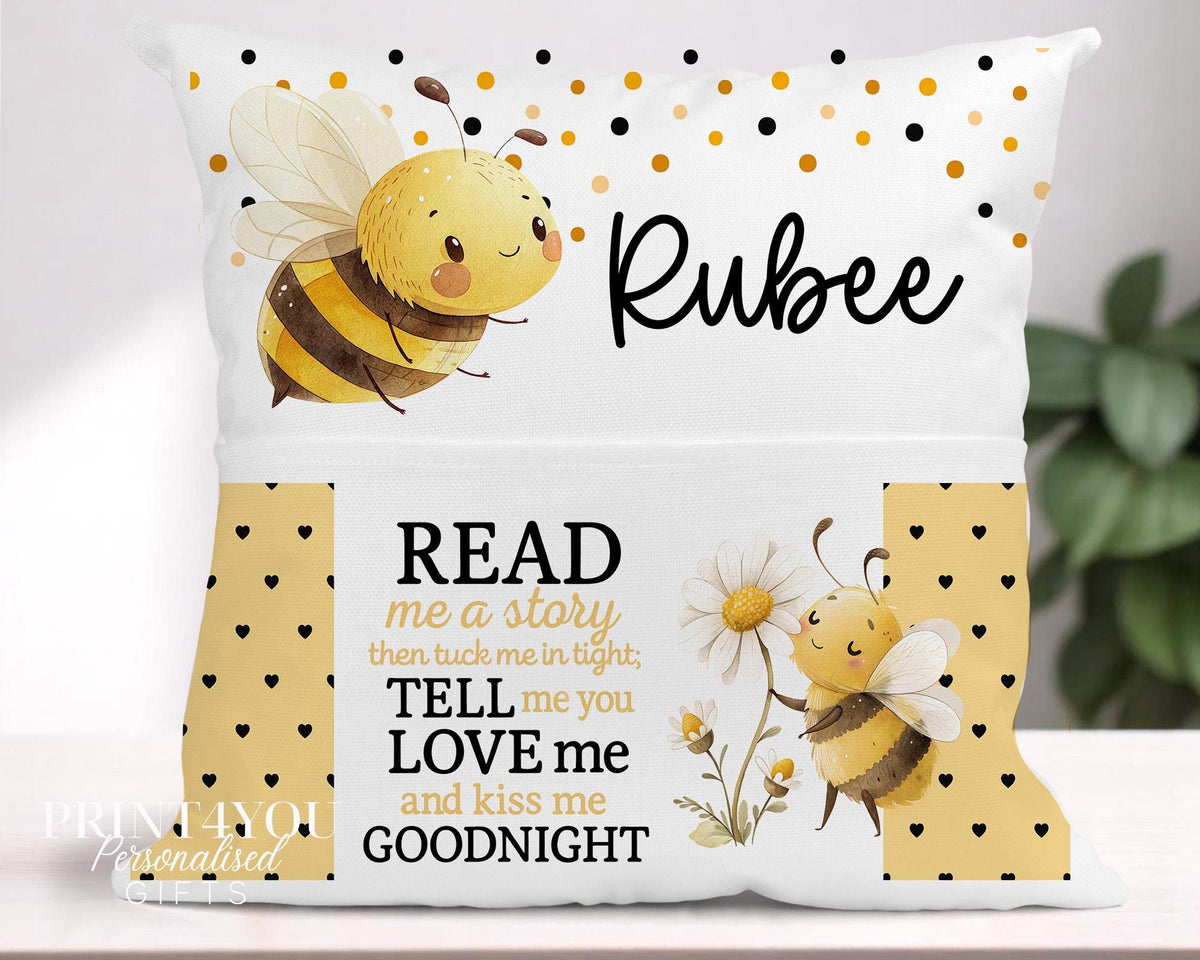 Story Pillow Cushion – Bee and Daisy Decor with Front Pocket for Book Storage - Cushion cover only