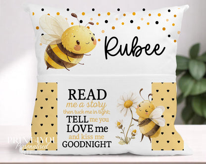 Story Pillow Cushion – Bee and Daisy Decor with Front Pocket for Book Storage - Cushion cover only