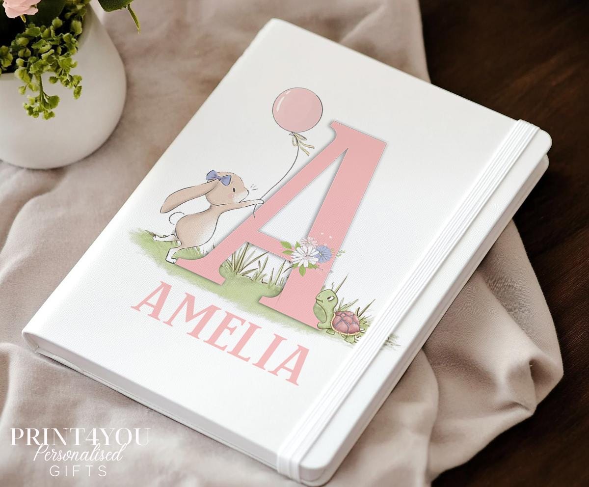 Personalised bunny notebook with soft PU leather cover, pastel bunny and woodland animal design, custom name and initial