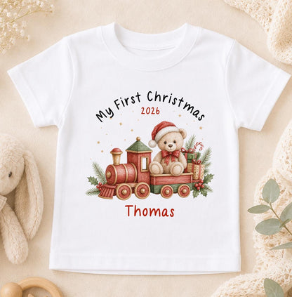 Personalised Baby Christmas Outfit - Teddy Bear Train, First Christmas 2026