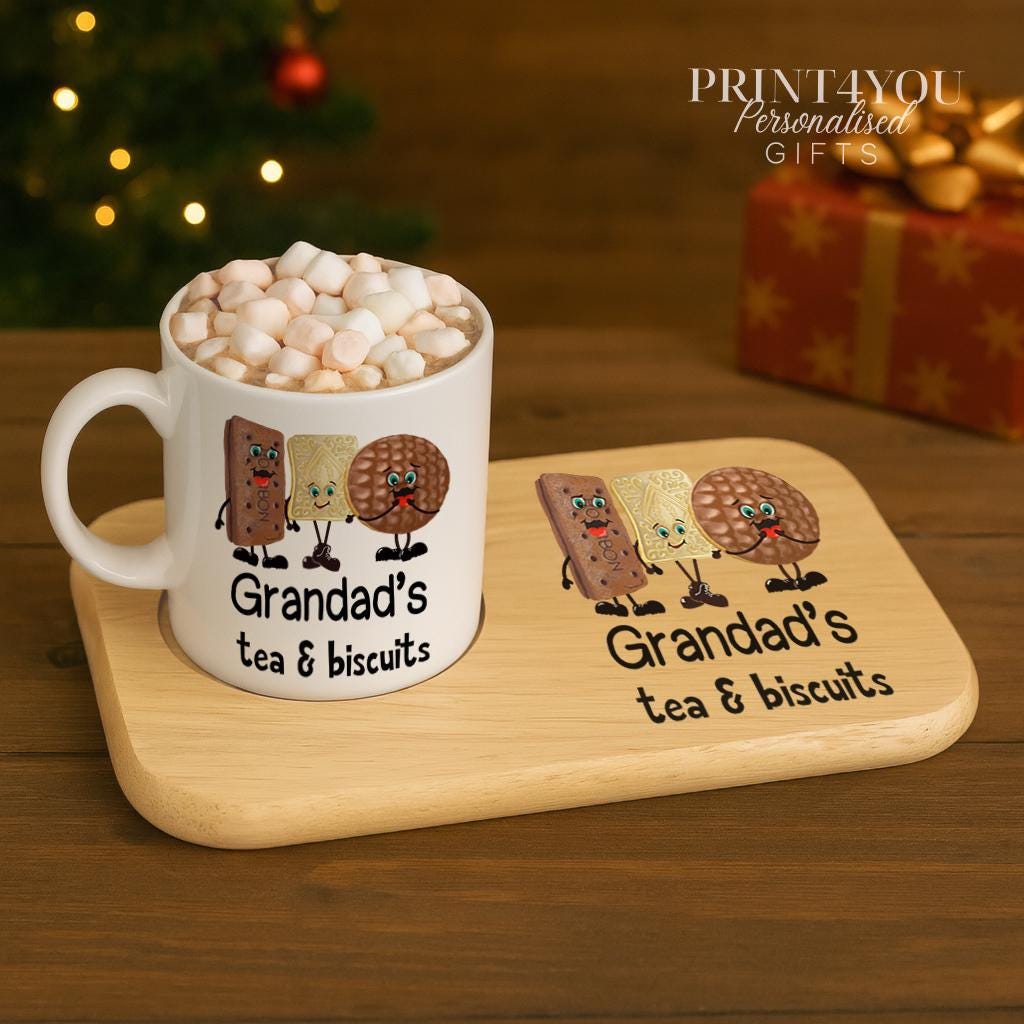 Personalised ceramic mug printed with a custom name, shown alongside a matching wooden snack board for tea and biscuits