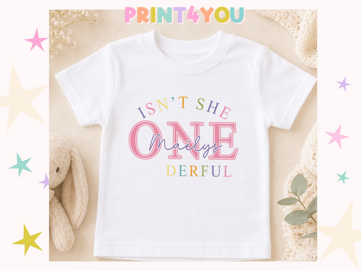 Personalised 'Isn't she ONE-derful' T-shirt styled with stars and flowers on a beige background