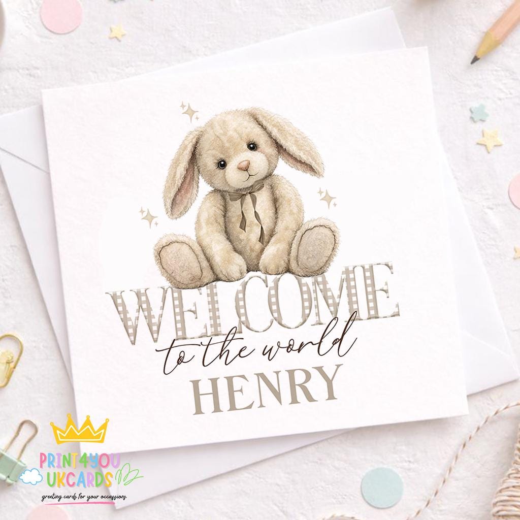 Front view of the square welcome baby card featuring a soft beige bunny illustration, shown ready for personalising.