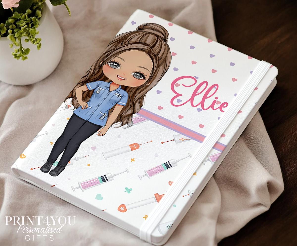 Personalised nurse notebook, PU leather journal with Nurse 1 cute character design and custom name