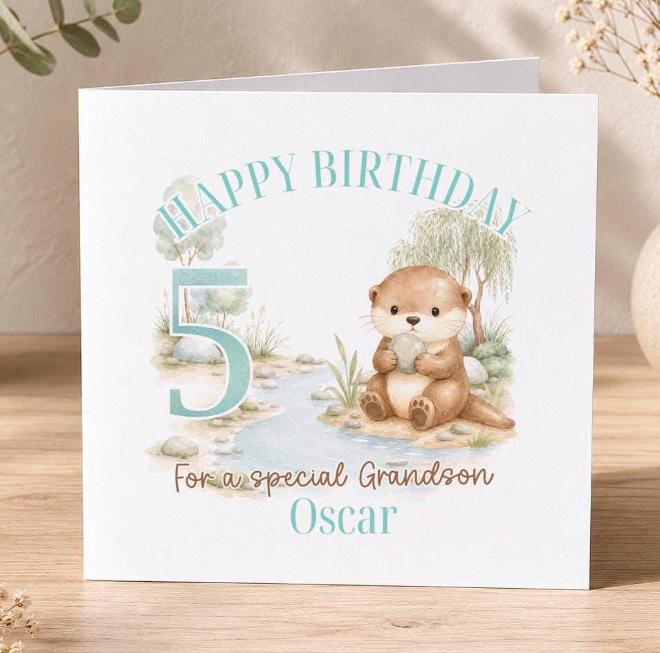 Personalised otter birthday card, white 6x6 inch square card printed with Happy Birthday, an age number, a watercolour otter and a name