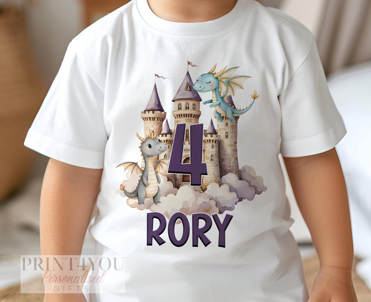 Personalised dragon and castle birthday t-shirt with custom name and age printed on white cotton