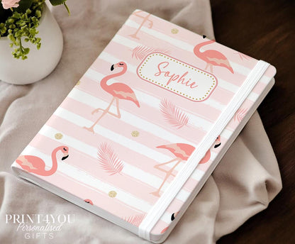 Personalised A5 flamingo notebook with pink flamingo design and custom name on cream PU leather cover