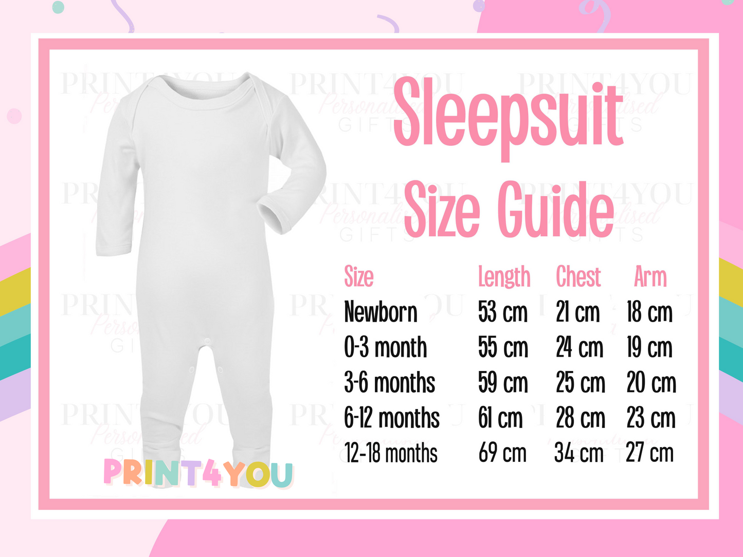 Sizing guide for a personalised baby onesie, giving measurements for newborn, baby and toddler sizes.