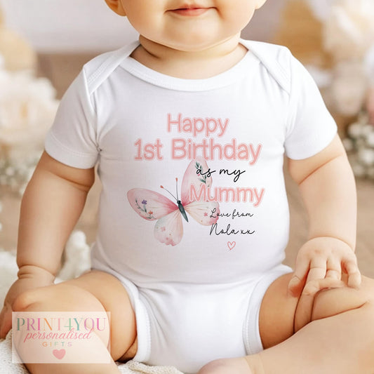 Personalised pink butterfly 1st Birthday Mummy bib, printed with your baby's chosen name.