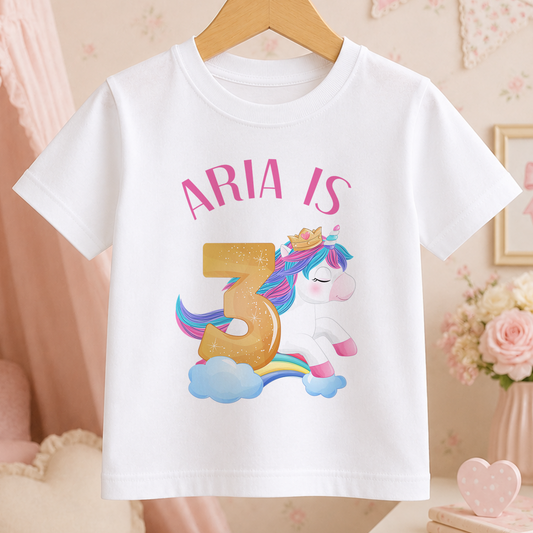 A white t-shirt with a graphic design featuring a unicorn and the number 3, along with the text "ARIA IS 3".