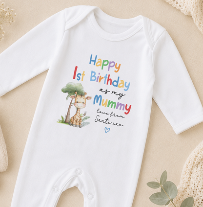 A white onesie with a giraffe and text that reads "Happy 1st Birthday as my Mummy love from Santi".
