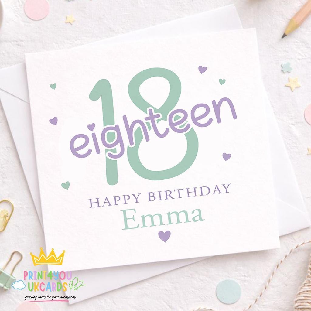 Personalised square 18th birthday keepsake card printed on 350gsm card stock