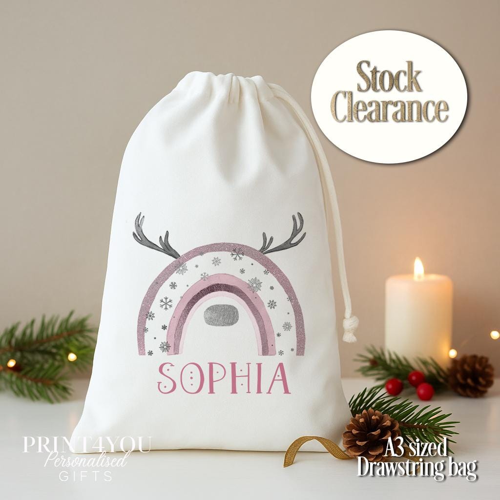 Personalised Christmas Gift Bag – Reindeer Rainbow A3 Drawstring Sack For Kids