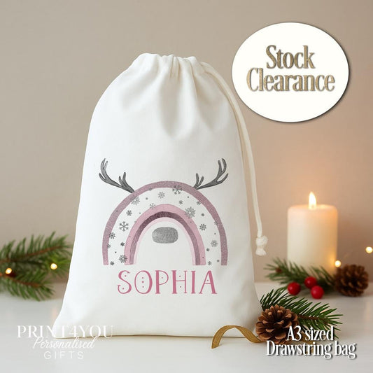 Personalised Christmas Gift Bag – Reindeer Rainbow A3 Drawstring Sack For Kids