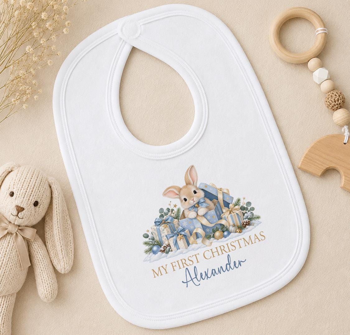 Personalised First Christmas Outfit, 2026 Blue Bunny Baby Vest