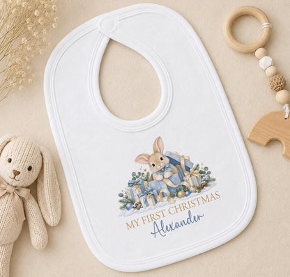 Personalised First Christmas Outfit, 2026 Blue Bunny Baby Vest