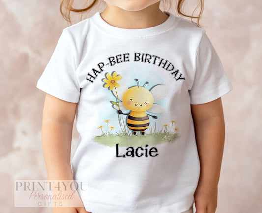 Personalised Kids Birthday T – Shirt – Hap – Bee Bumblebee Design Cotton White Tee for Ages 6m – 10yrs DTG Printed - 6-12 months  T-shirt